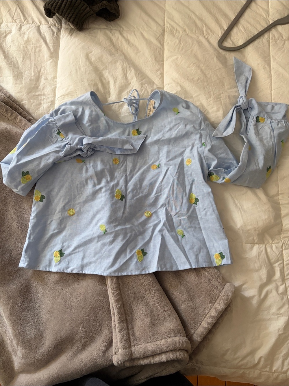Light Blue Pineapple Embroidered Tie-Sleeve Top